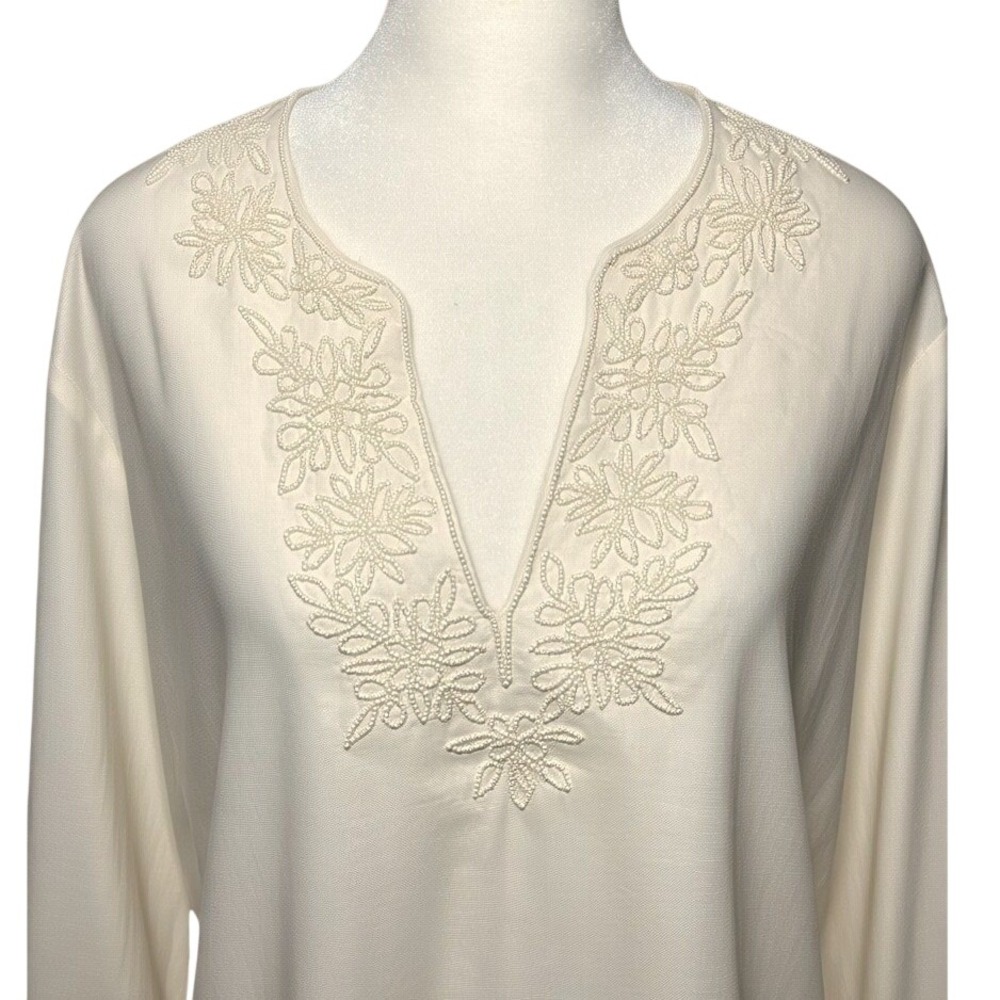 Lands End Linen Tunic Top Plus Size 1X Ivory Beaded Boho Beach Cover Up - Picture 3 of 12